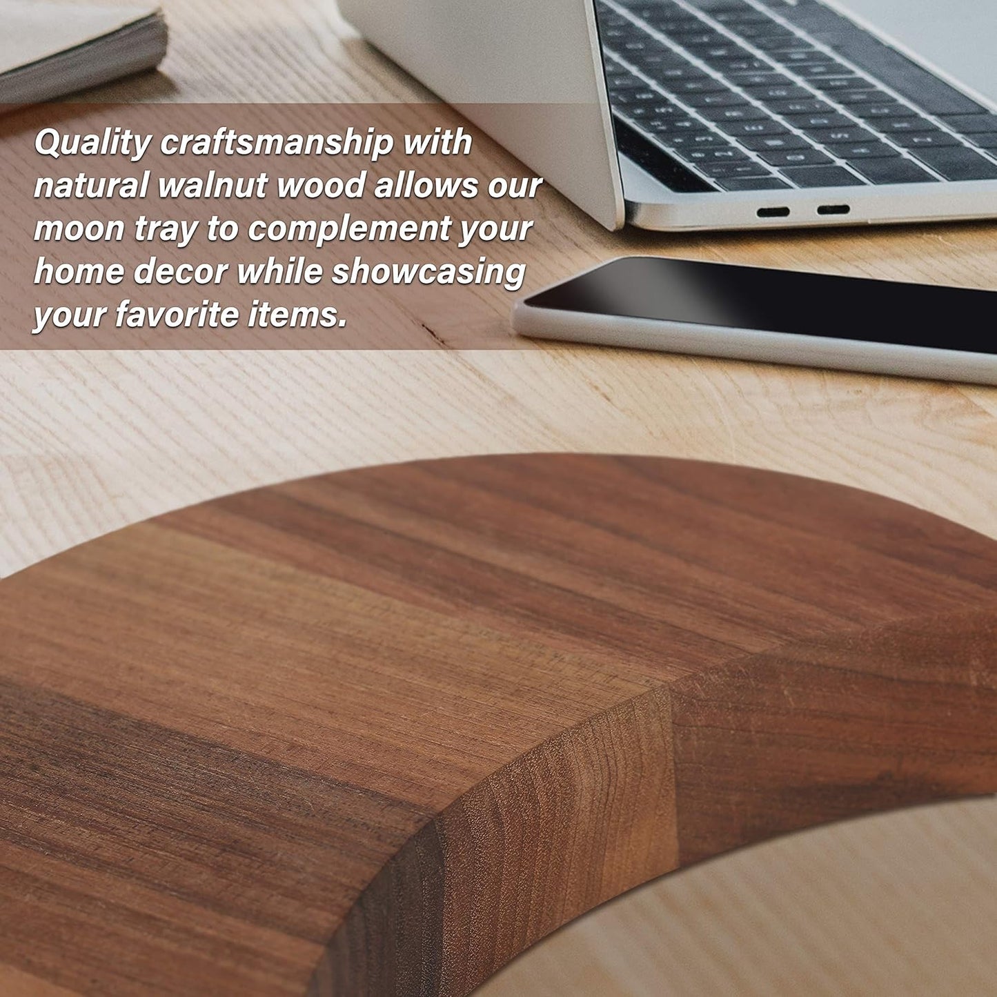 CurawWood Crescent Moon Walnut Tray – Wooden Crystal Display & Charging Dish for Gems (6” x 3”)