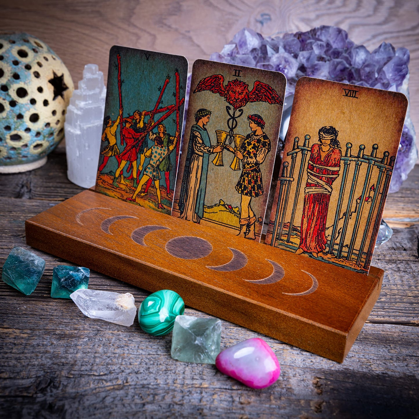 Curawood Tarot Card Holder Stand – 3 Card Display with Etched Moon | Wooden Tarot & Altar Accessory