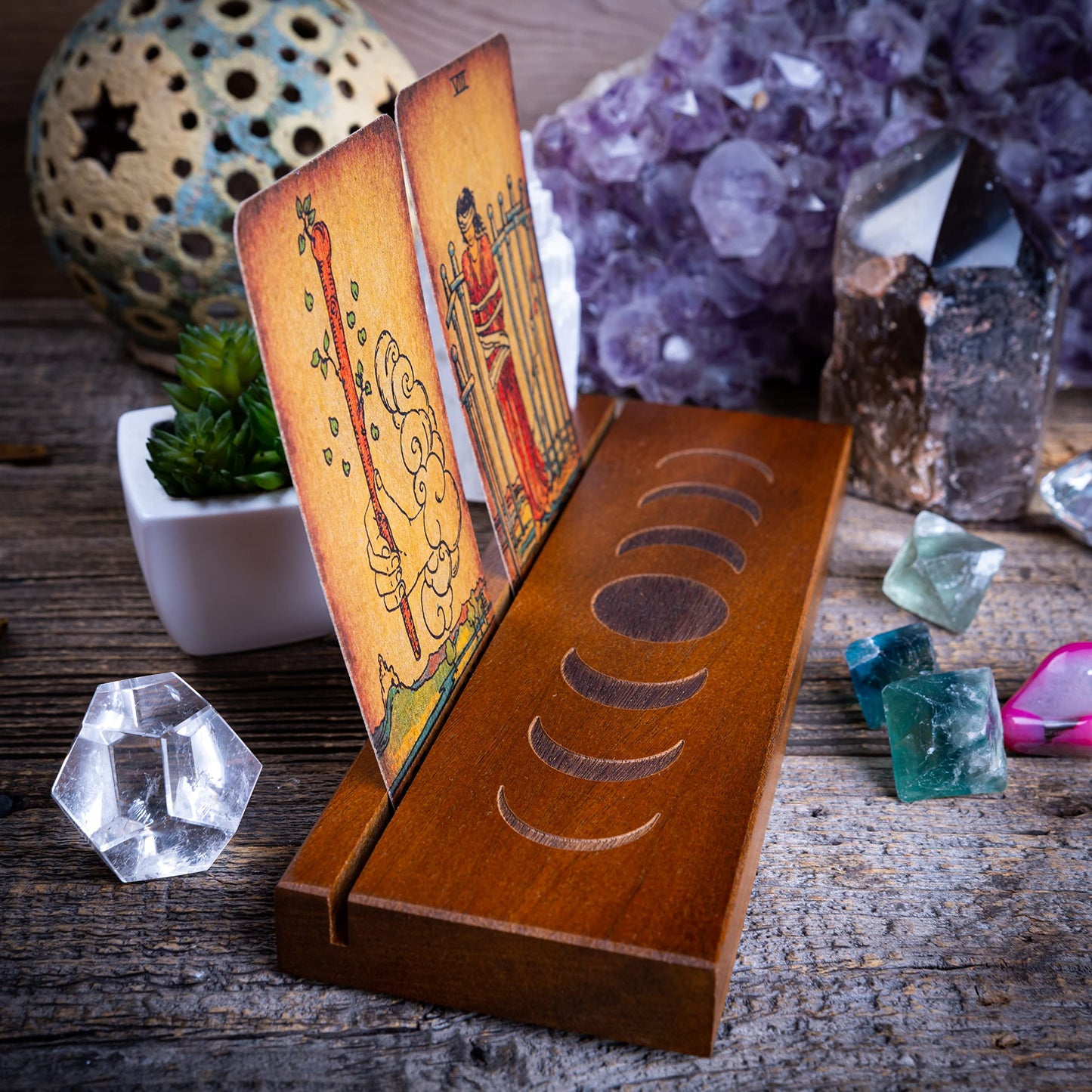 Curawood Tarot Card Holder Stand – 3 Card Display with Etched Moon | Wooden Tarot & Altar Accessory