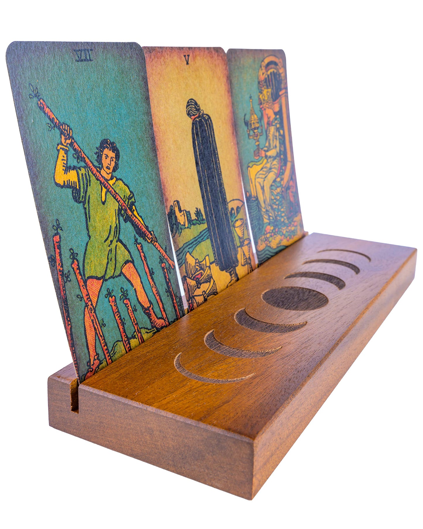 Curawood Tarot Card Holder Stand – 3 Card Display with Etched Moon | Wooden Tarot & Altar Accessory