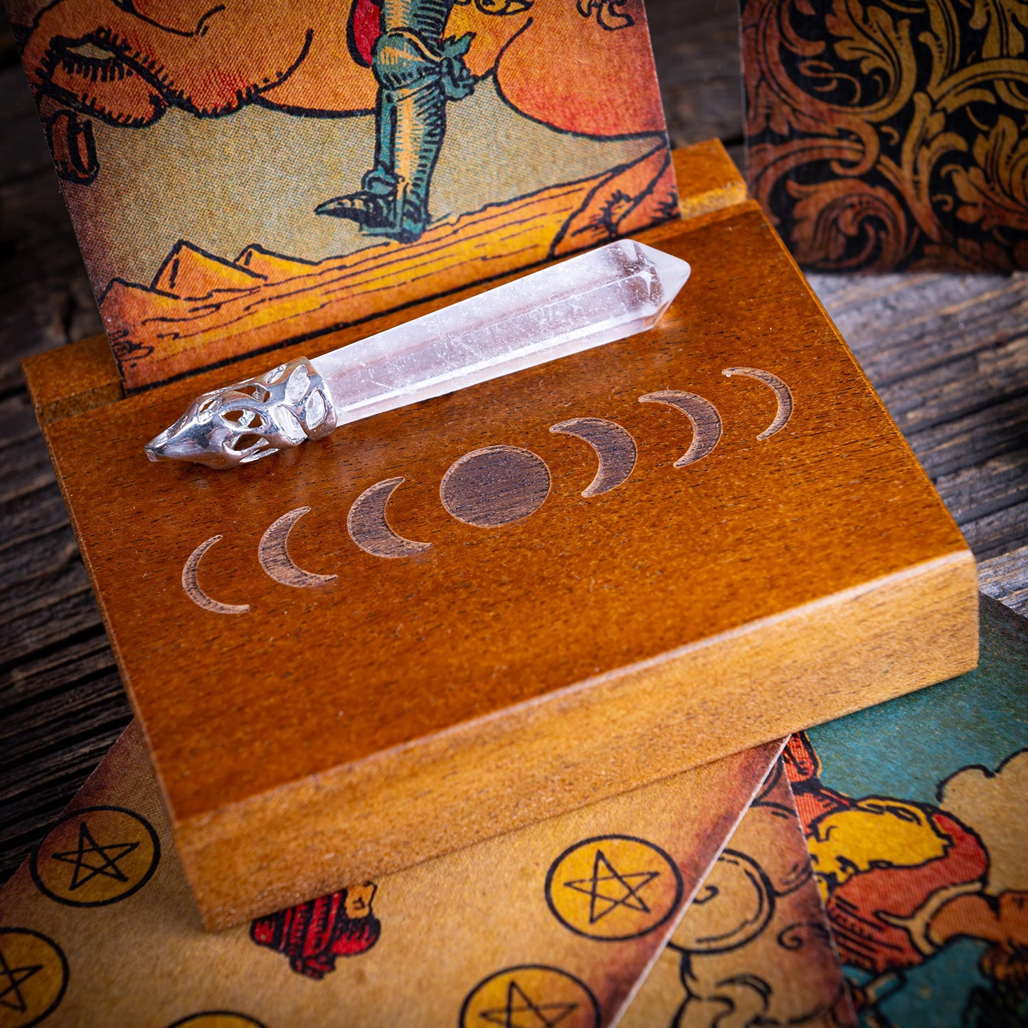 Curawood Tarot Card Holder Stand – 3 Card Display with Etched Moon | Wooden Tarot & Altar Accessory