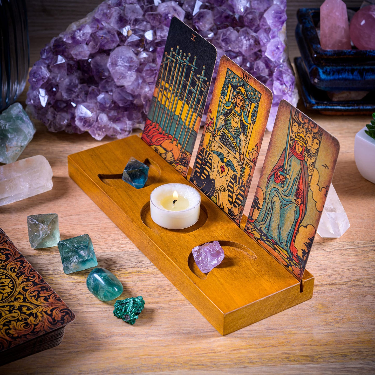 Curawood Tarot Card Holder Stand – 3 Card Display with Etched Moon | Wooden Tarot & Altar Accessory