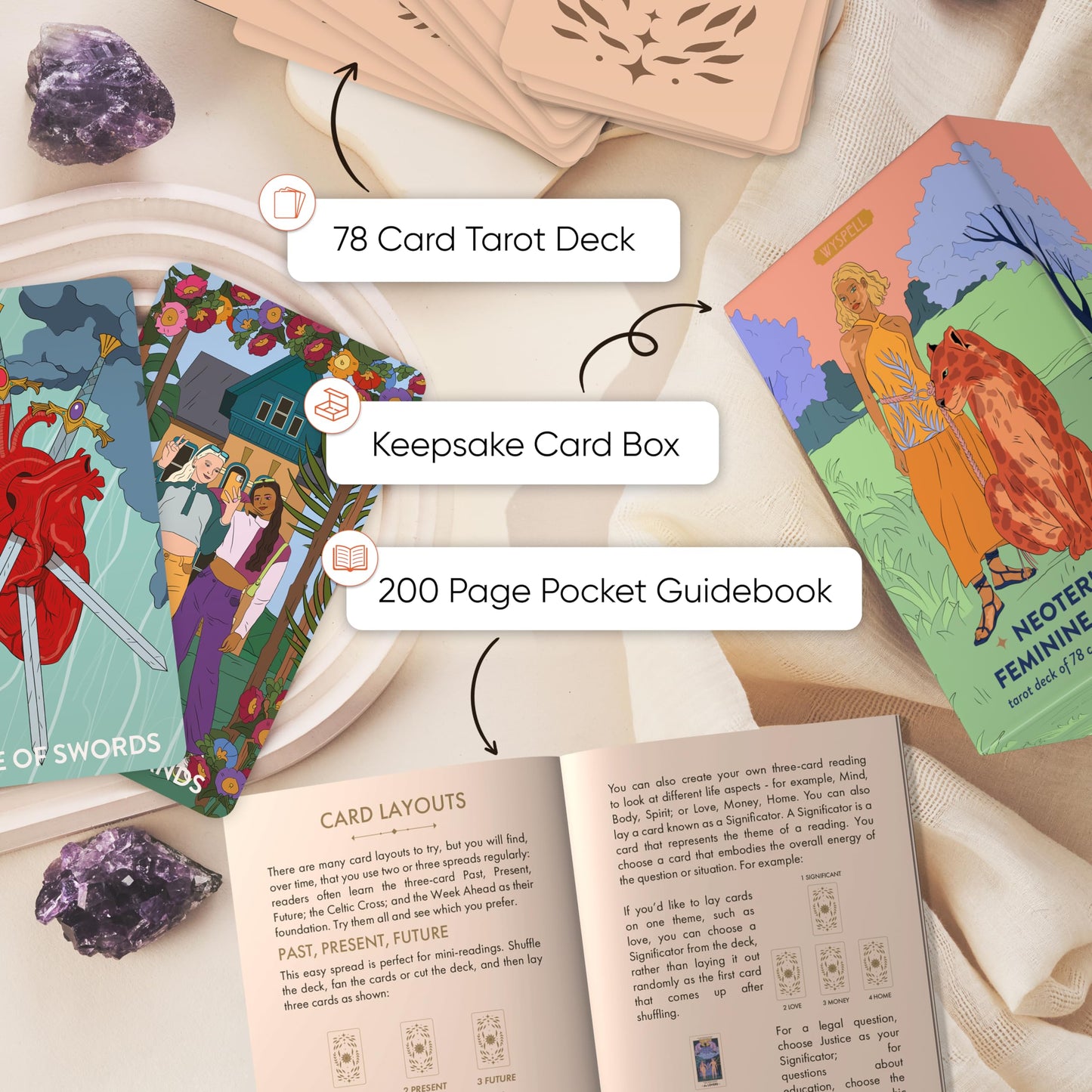 Wyspell Feminine Tarot Cards with Meanings on Them - Modern Tarot Deck with Guide Book - Beginner Friendly - Beautiful & Unique Tarot Decks
