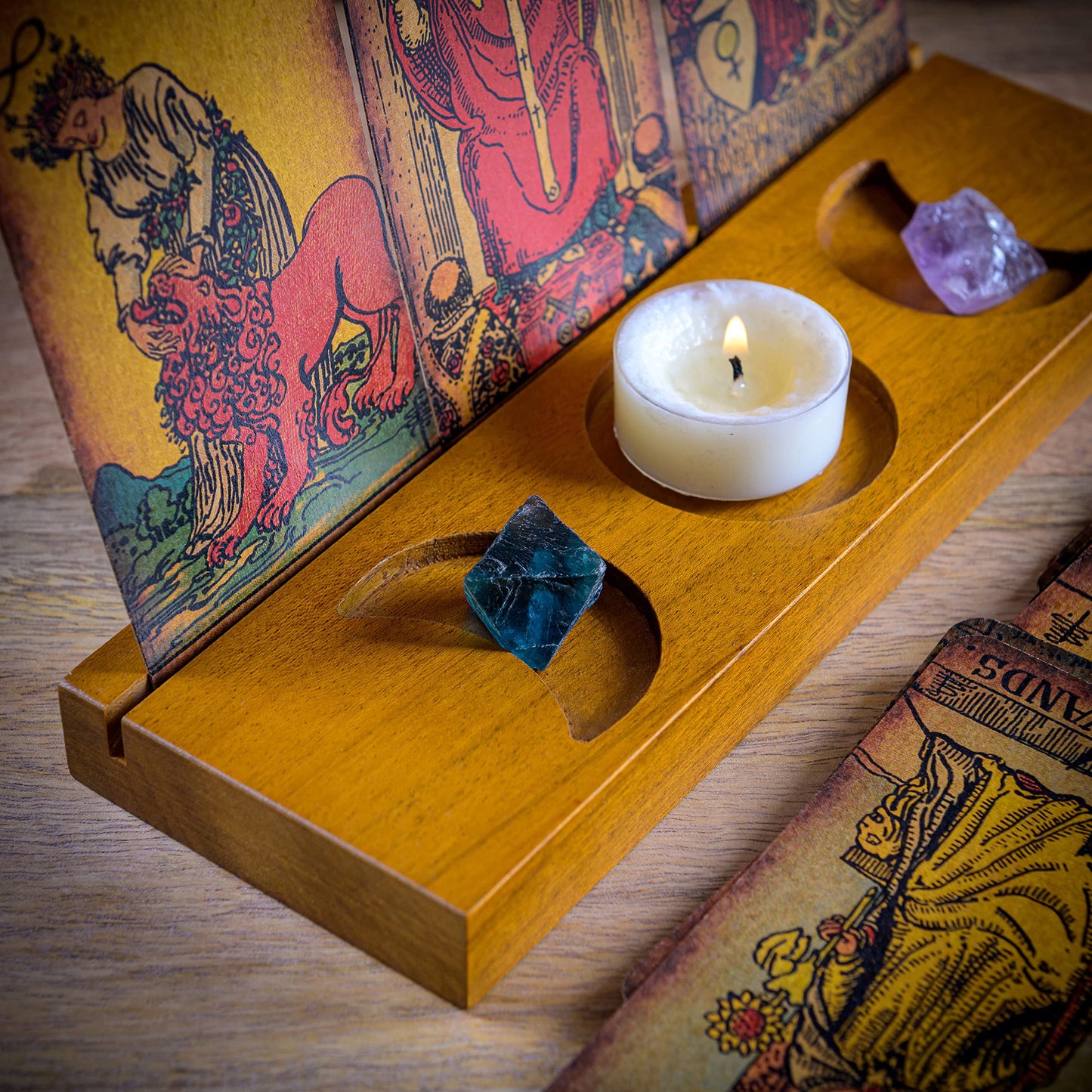 Curawood Tarot Card Holder Stand – 3 Card Display with Etched Moon | Wooden Tarot & Altar Accessory