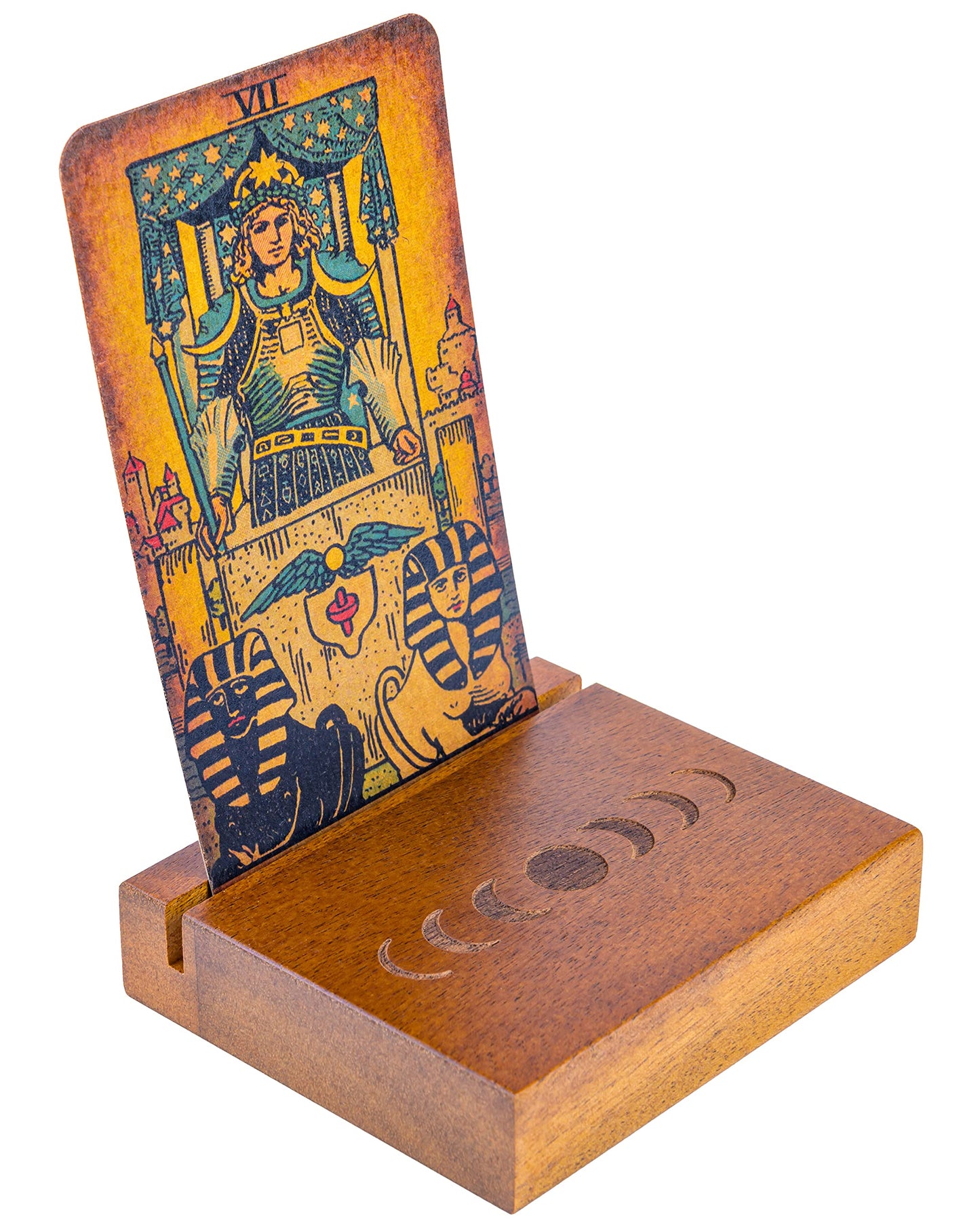 Curawood Tarot Card Holder Stand – 3 Card Display with Etched Moon | Wooden Tarot & Altar Accessory