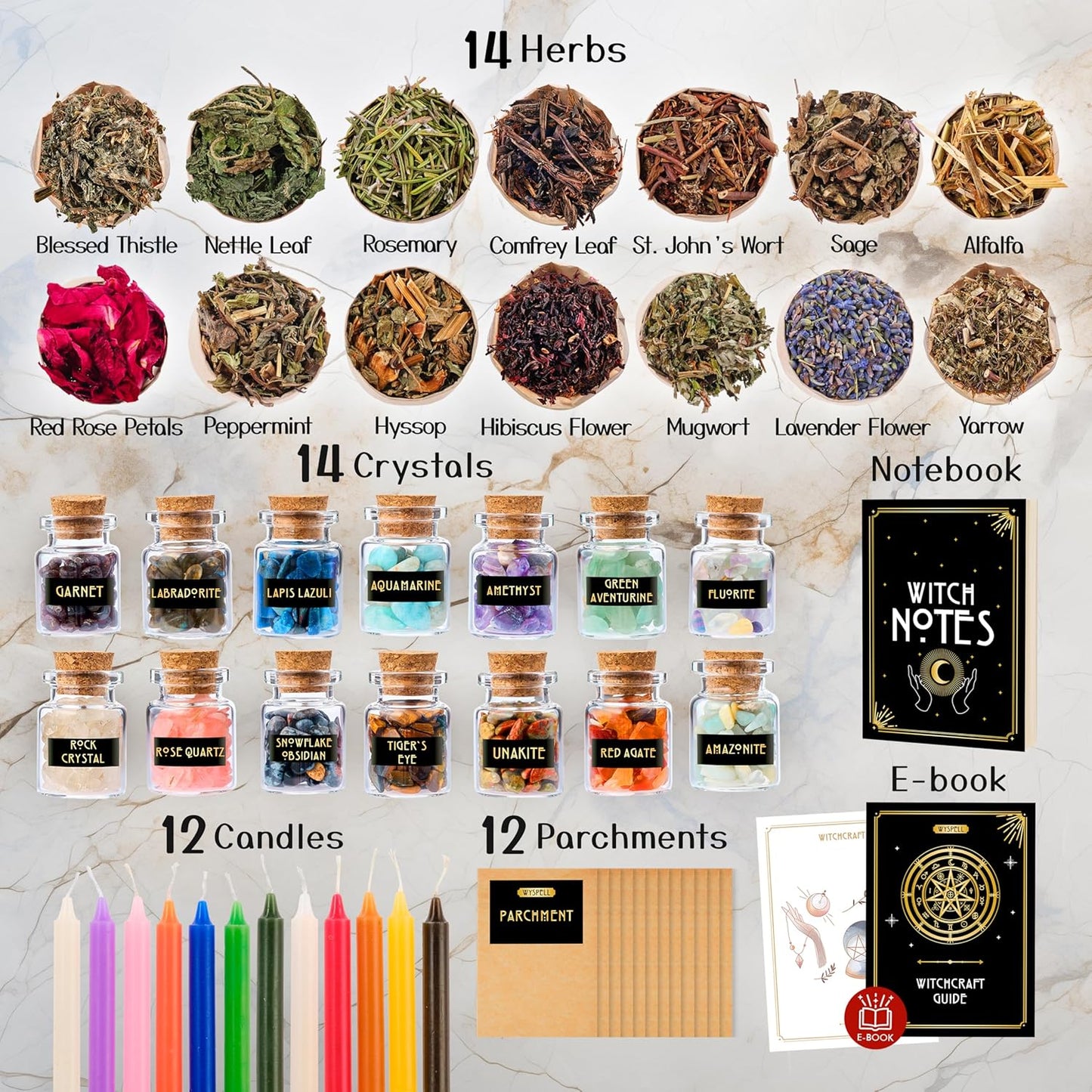 Wyspell Witchcraft Supplies Kit for Witch Altar 54PCS - Spell Candles for Witches - Crystals Spell Jars for Witches - Herbs for Spells - Beginner Witch Starter Box - Witchcraft Kit