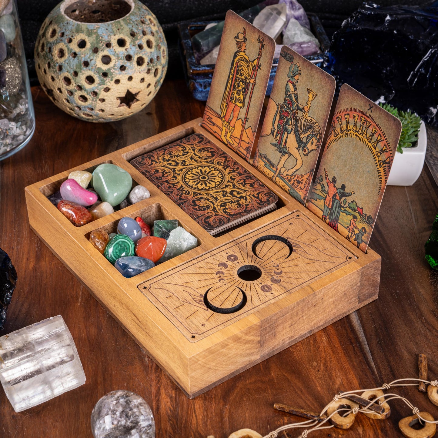 Curawood Tarot Card Holder Stand – 3 Card Display with Etched Moon | Wooden Tarot & Altar Accessory