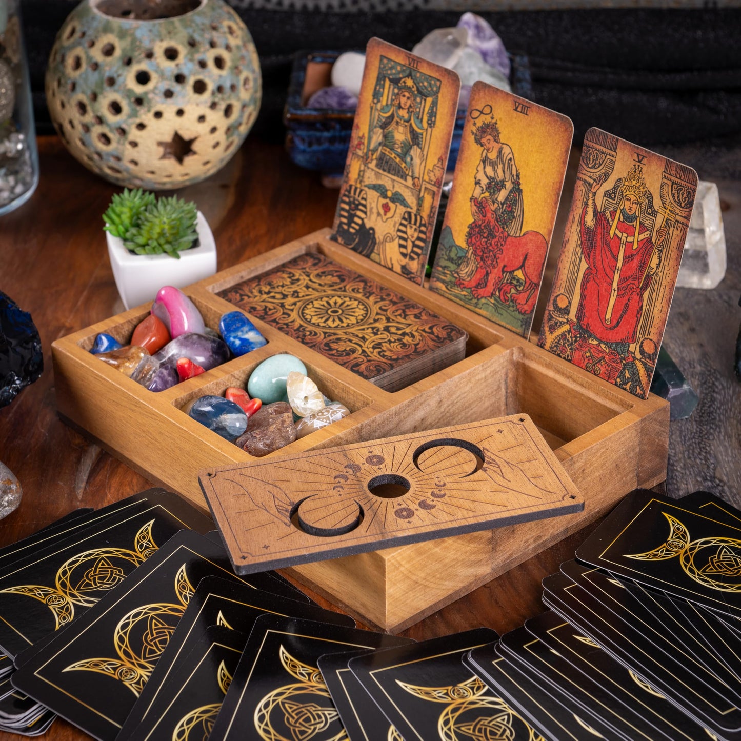 Curawood Tarot Card Holder Stand – 3 Card Display with Etched Moon | Wooden Tarot & Altar Accessory