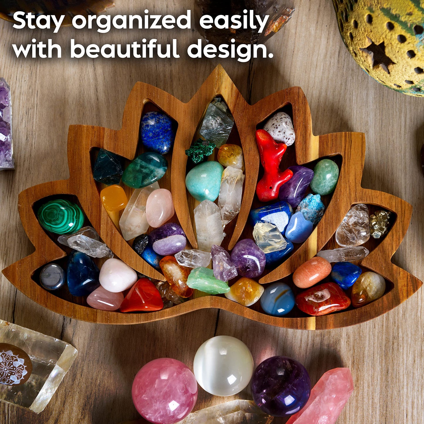 Curawood Lotus Crystal Display Tray – Wooden Charging Bowl for Gems & Healing Stones (11” x 7” Horizon)