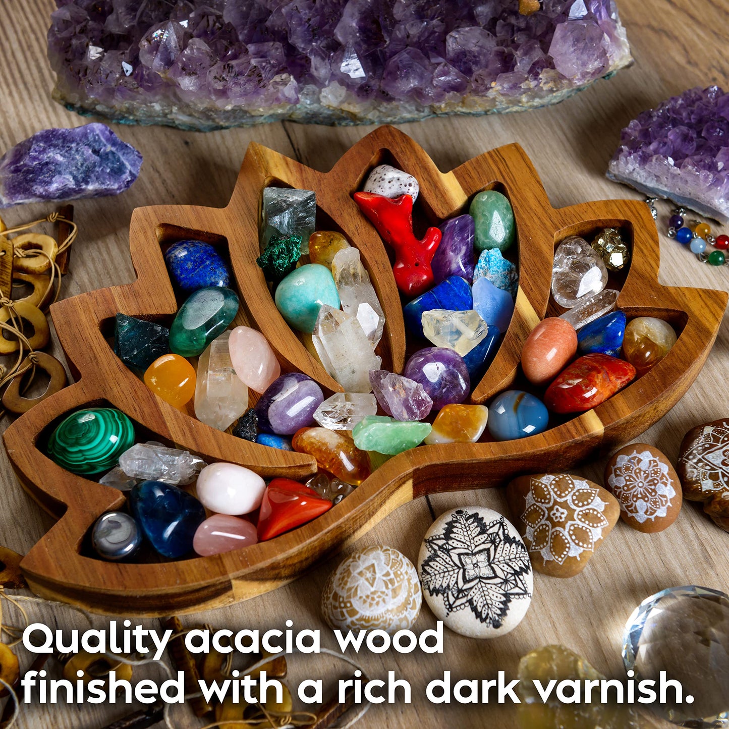 Curawood Lotus Crystal Display Tray – Wooden Charging Bowl for Gems & Healing Stones (11” x 7” Horizon)
