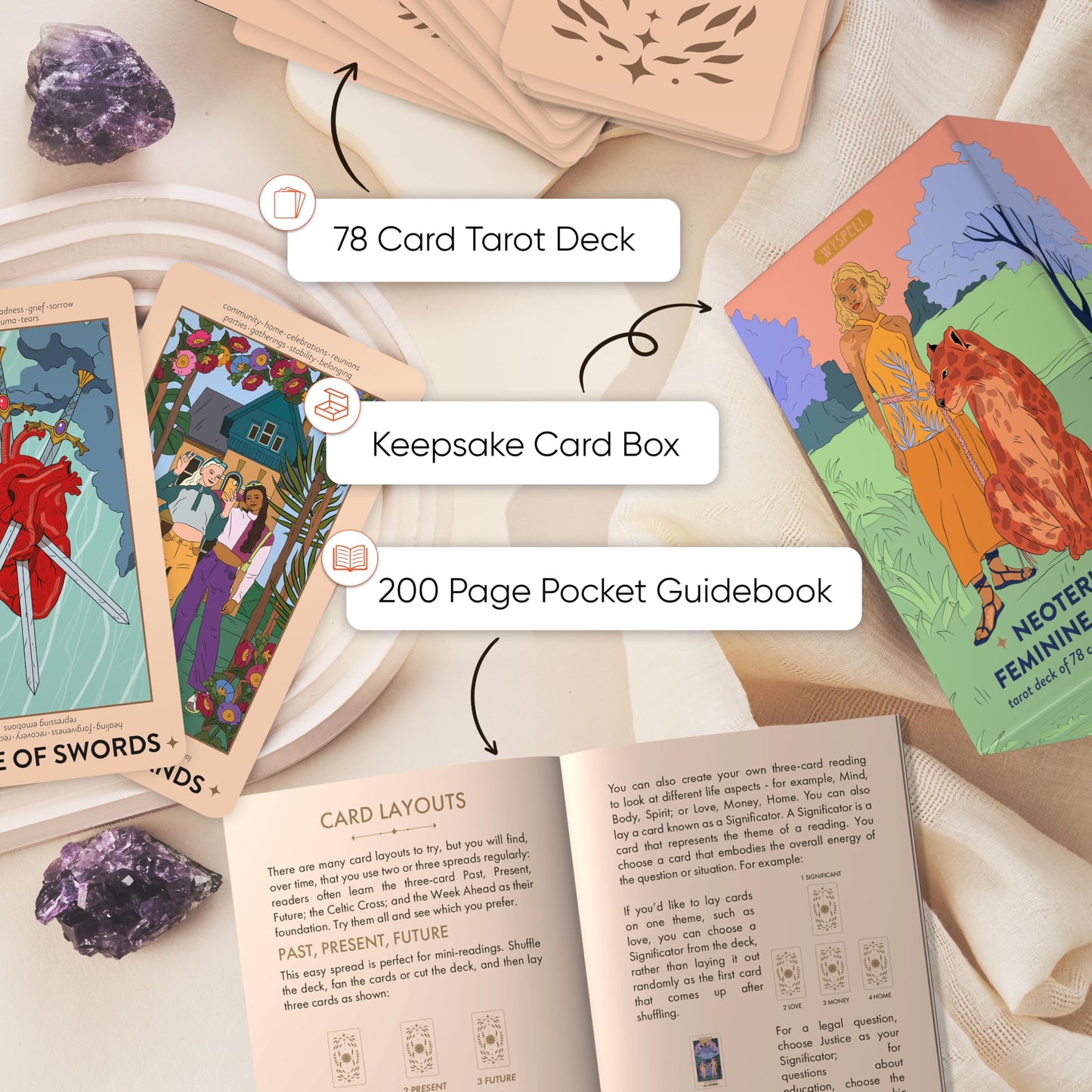 Wyspell Feminine Tarot Cards with Meanings on Them - Modern Tarot Deck with Guide Book - Beginner Friendly - Beautiful & Unique Tarot Decks