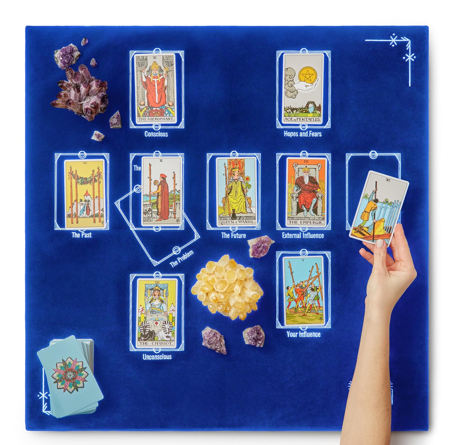 Tarot Cloth for Reading - Embroidered Velvet Altar Cloth with Celtic Cross Spread Guide, 10 Numbered Card Positions, 27x27 Inch Divination Table Cloth, Witchy Tarot Mat for Beginners & Readers (Black)