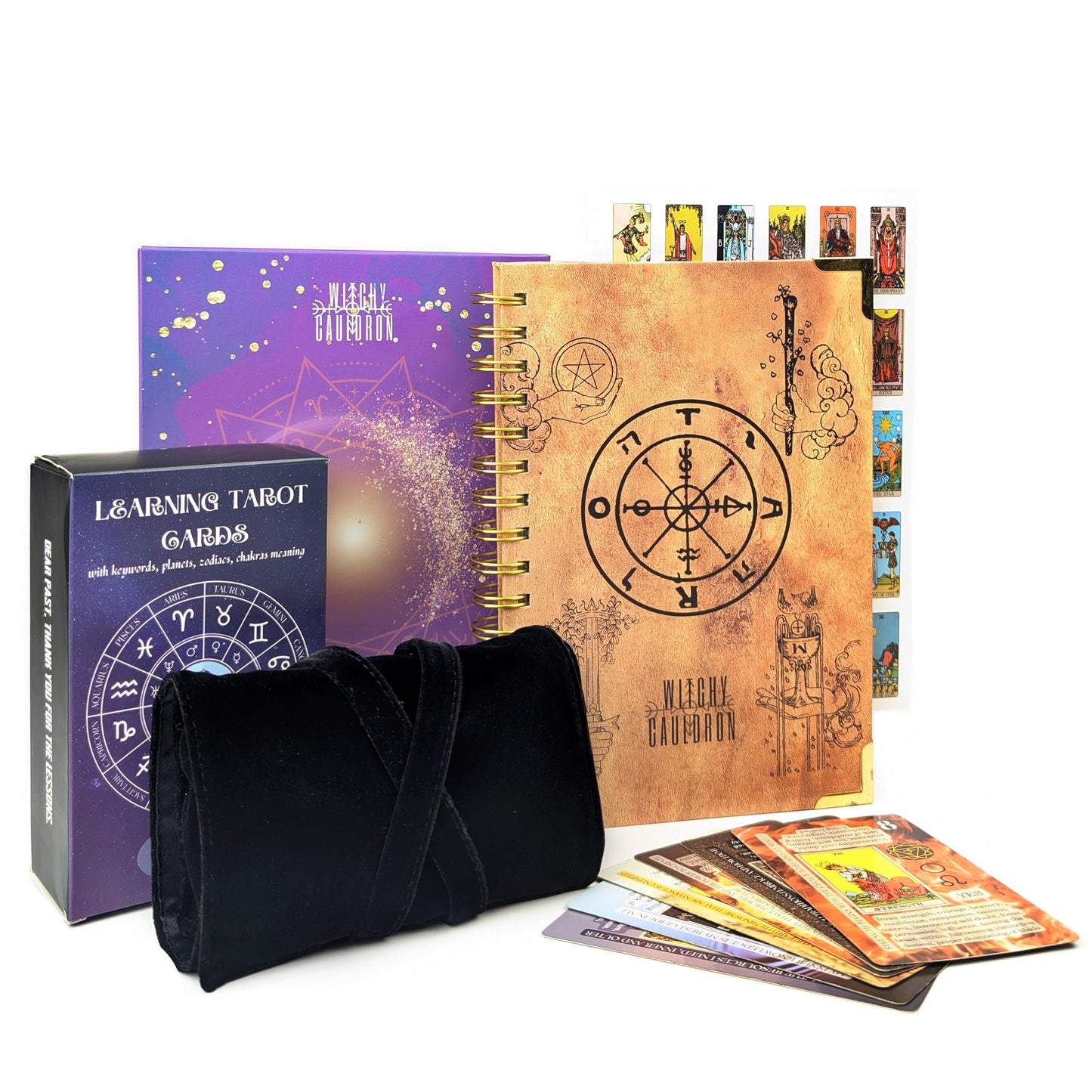 Witchy Cauldron Tarot Learning Set for Beginners: Learning Cards for Beginners, Satin Deck Holder and Journal for with Raider Waite (Blue)
