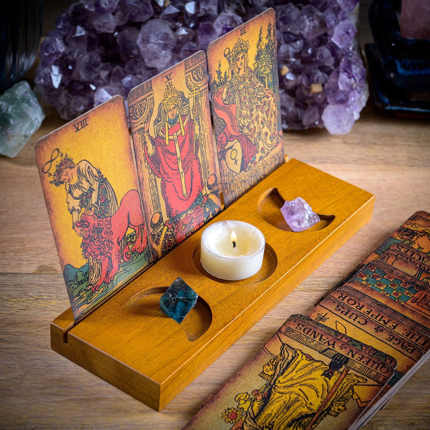 Curawood Tarot Card Holder Stand – 3 Card Display with Etched Moon | Wooden Tarot & Altar Accessory