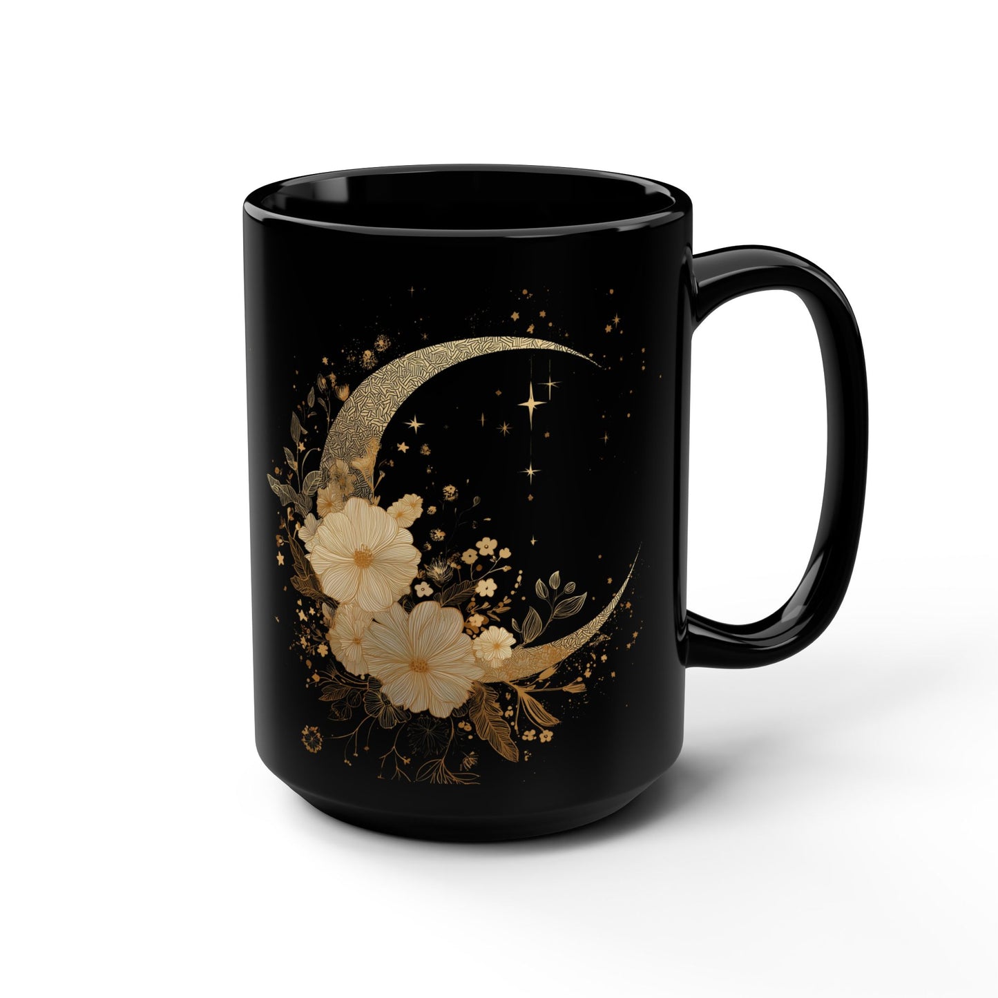 Gold Floral Crescent Moon Mug | Black 15oz Ceramic Coffee Cup