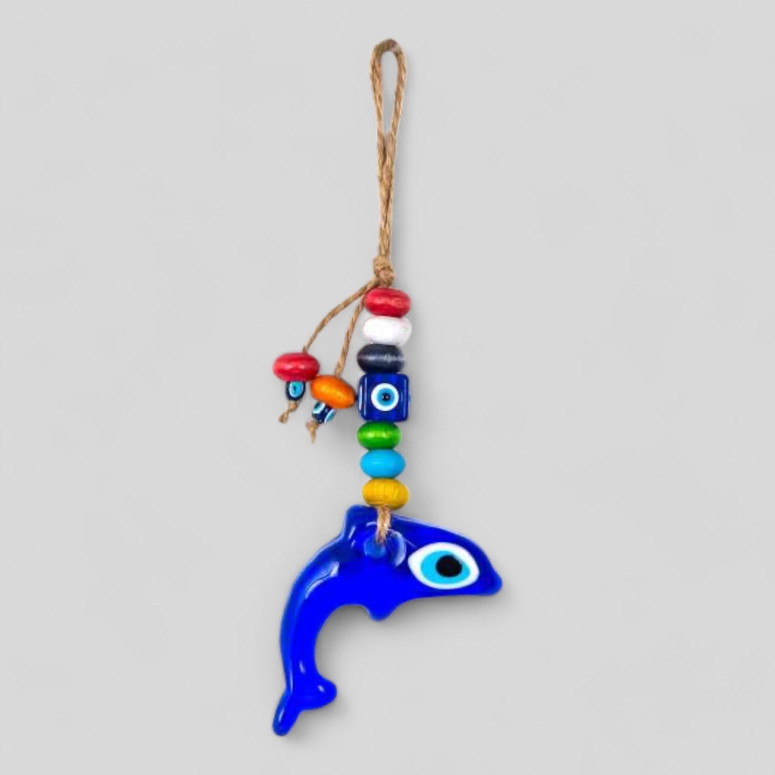 Mini Dolphin Shape Wall Hanging Evil Eye with Wood Beads Nazar Boncuk Mal De Ojo, Modern Boho Style Home Decor, Turkish Gift-0