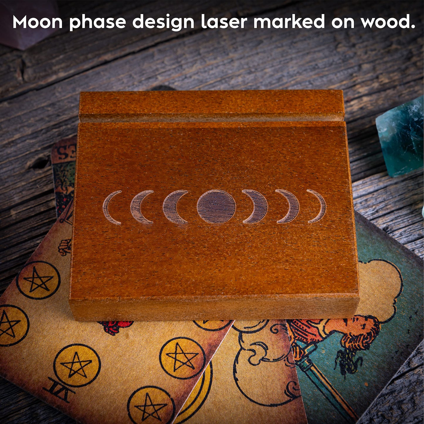 Curawood Tarot Card Holder Stand – 3 Card Display with Etched Moon | Wooden Tarot & Altar Accessory