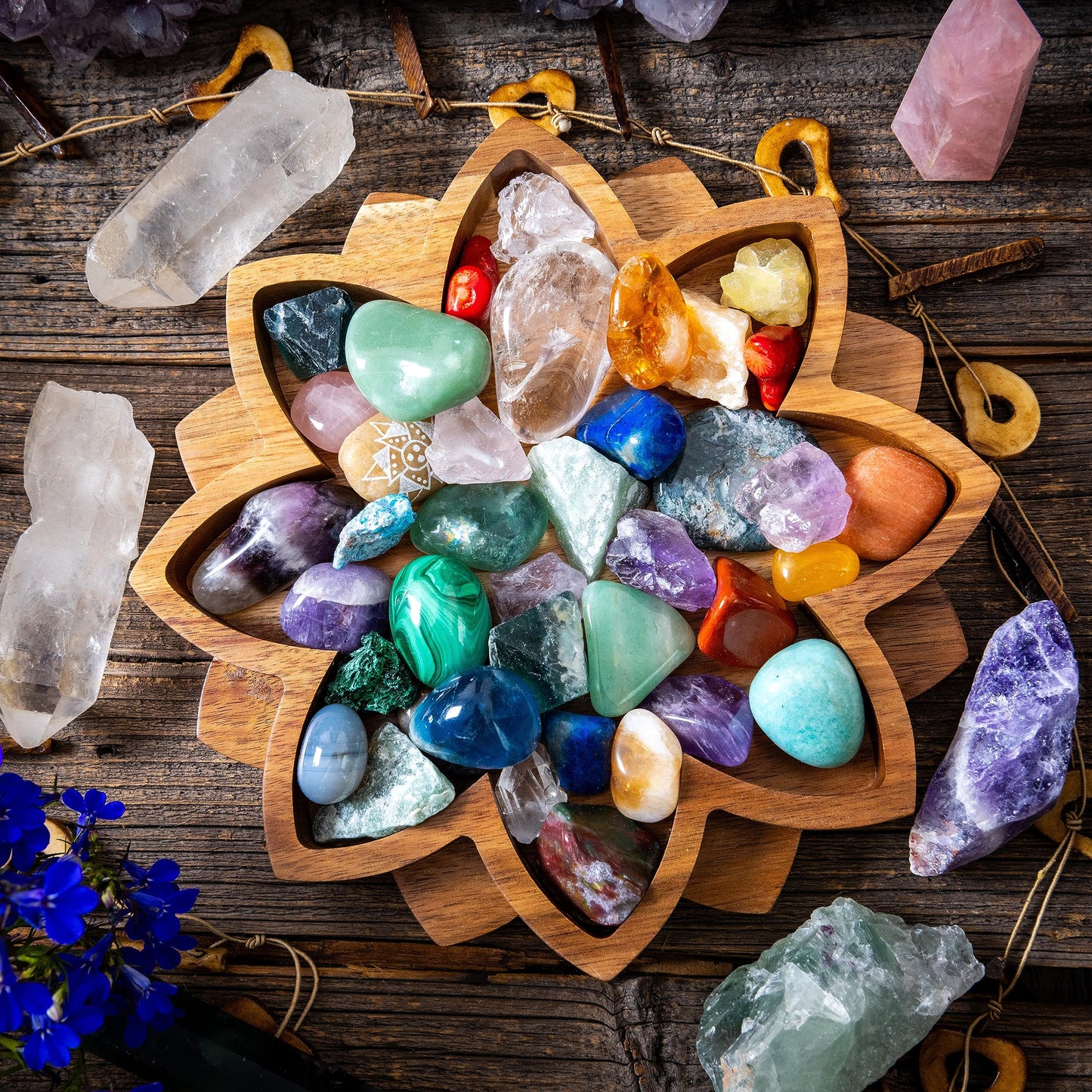 Curawood Lotus Crystal Display Tray – Wooden Charging Bowl for Gems & Healing Stones (11” x 7” Horizon)