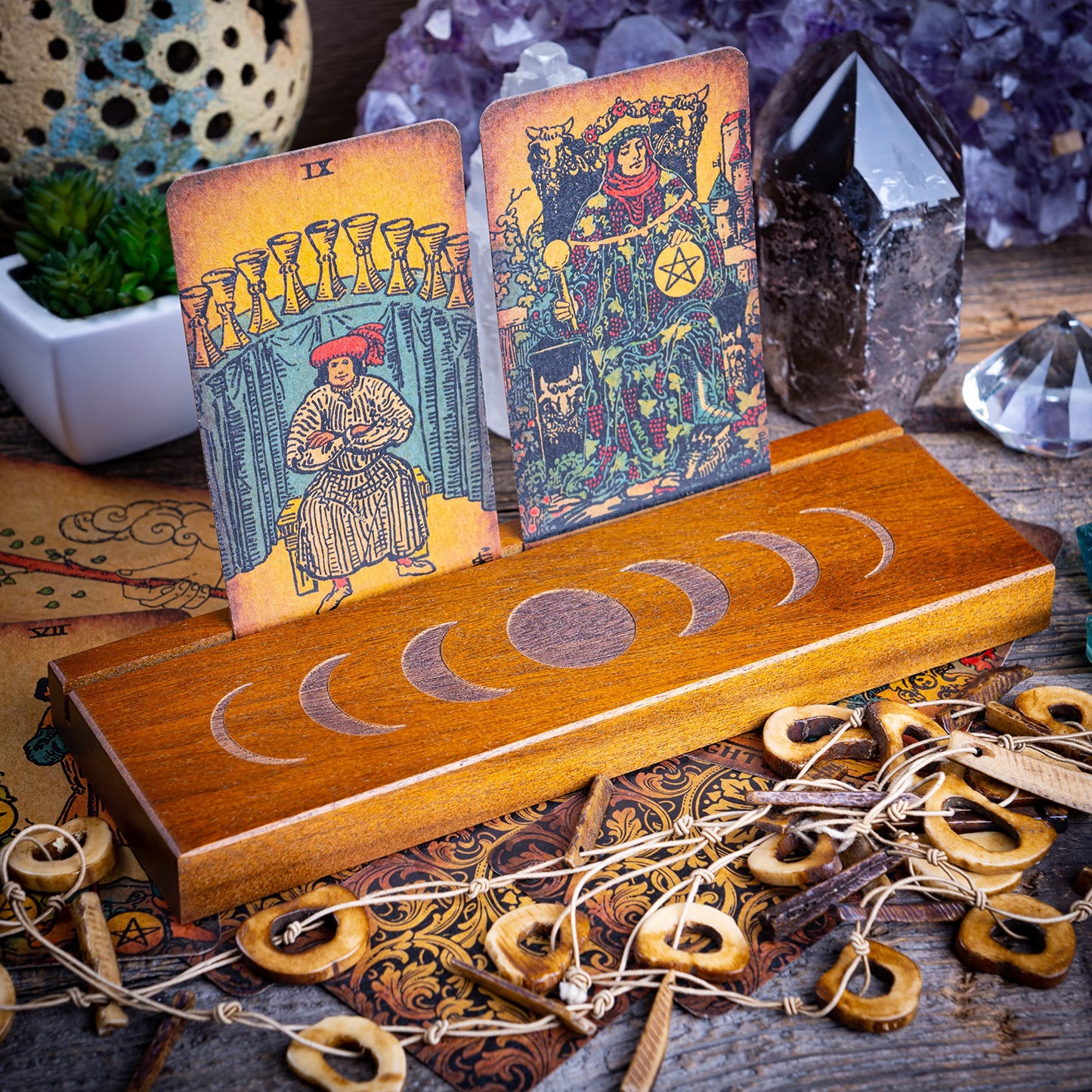 Curawood Tarot Card Holder Stand – 3 Card Display with Etched Moon | Wooden Tarot & Altar Accessory