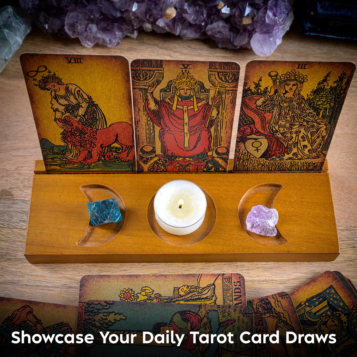 Curawood Tarot Card Holder Stand – 3 Card Display with Etched Moon | Wooden Tarot & Altar Accessory