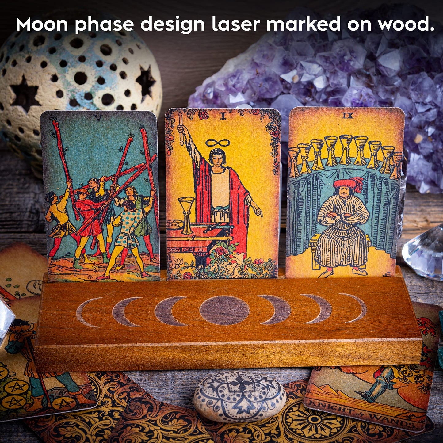 Curawood Tarot Card Holder Stand – 3 Card Display with Etched Moon | Wooden Tarot & Altar Accessory