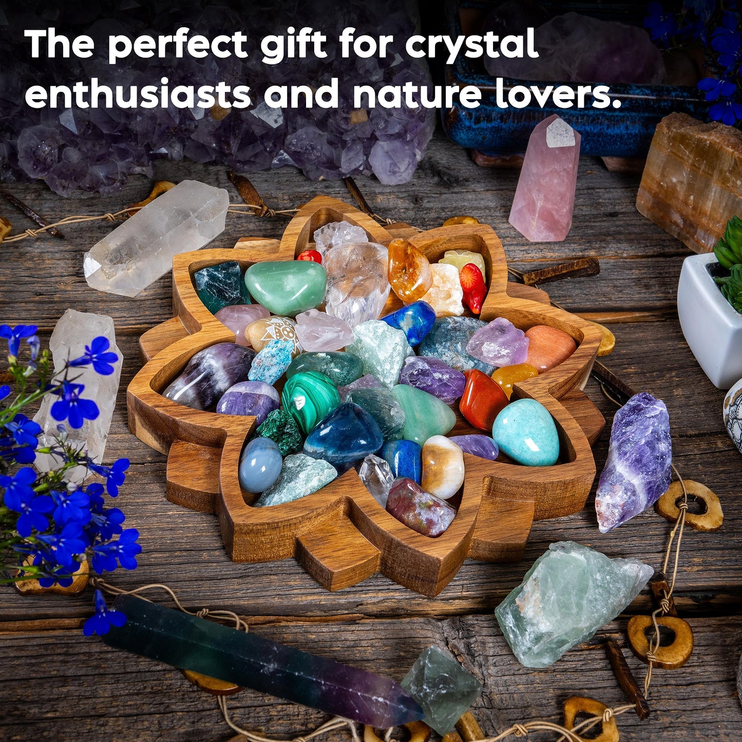 Curawood Lotus Crystal Display Tray – Wooden Charging Bowl for Gems & Healing Stones (11” x 7” Horizon)