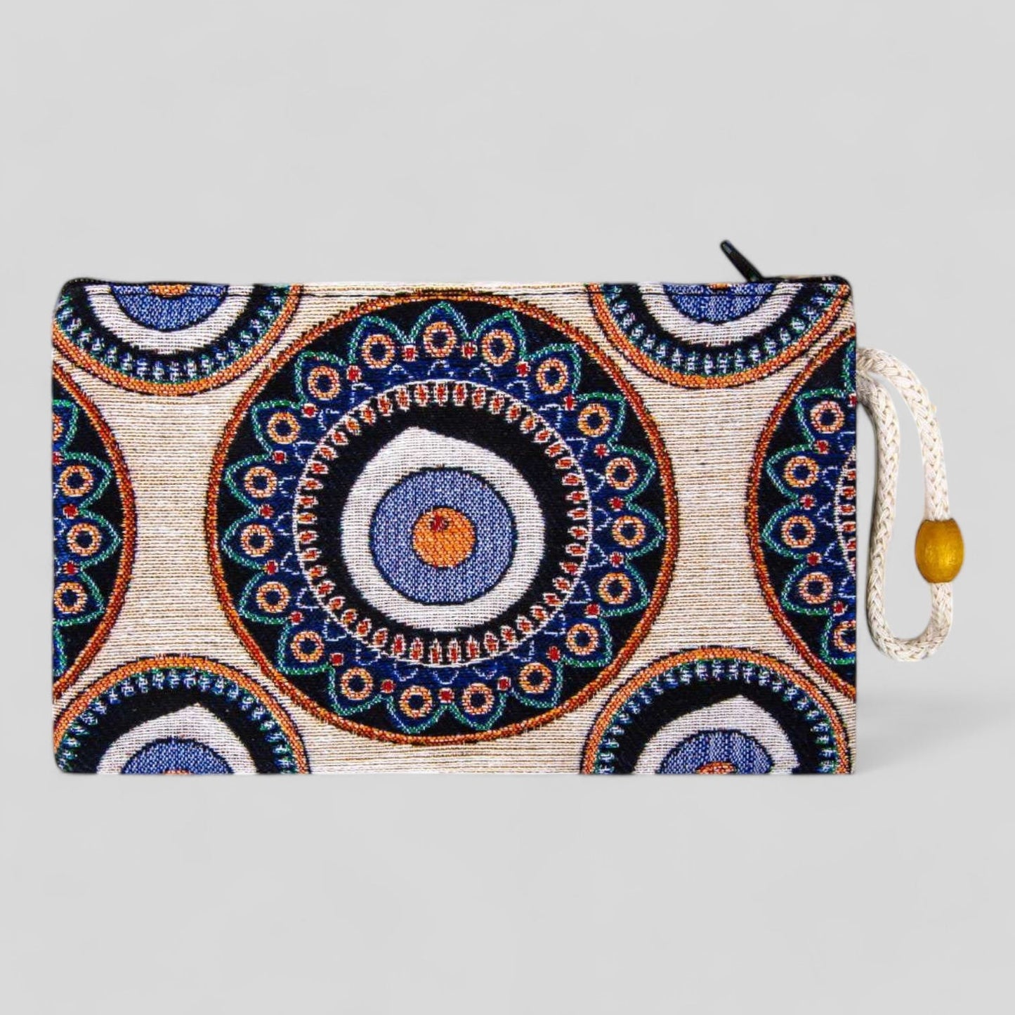 Authentic Kilim Fabric Blue Evil Eye Mandala Design Zipper Clutch Purse, Turkish Carpet, Pouch, Coin Purse, Wallet, Small Storage-0