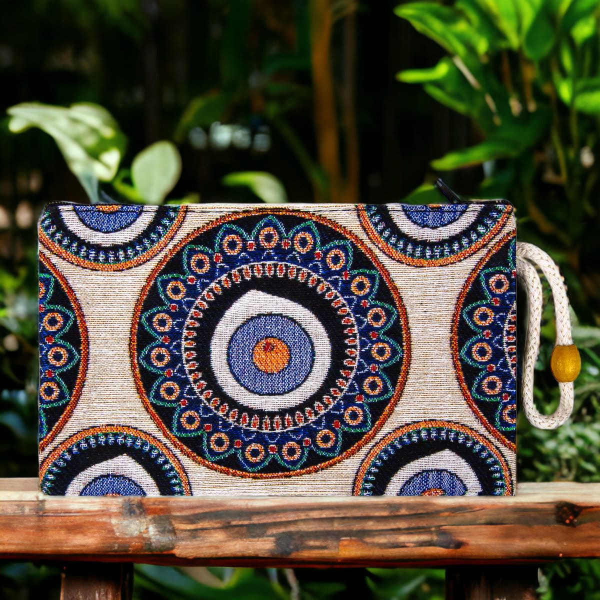 Authentic Kilim Fabric Blue Evil Eye Mandala Design Zipper Clutch Purse, Turkish Carpet, Pouch, Coin Purse, Wallet, Small Storage-1