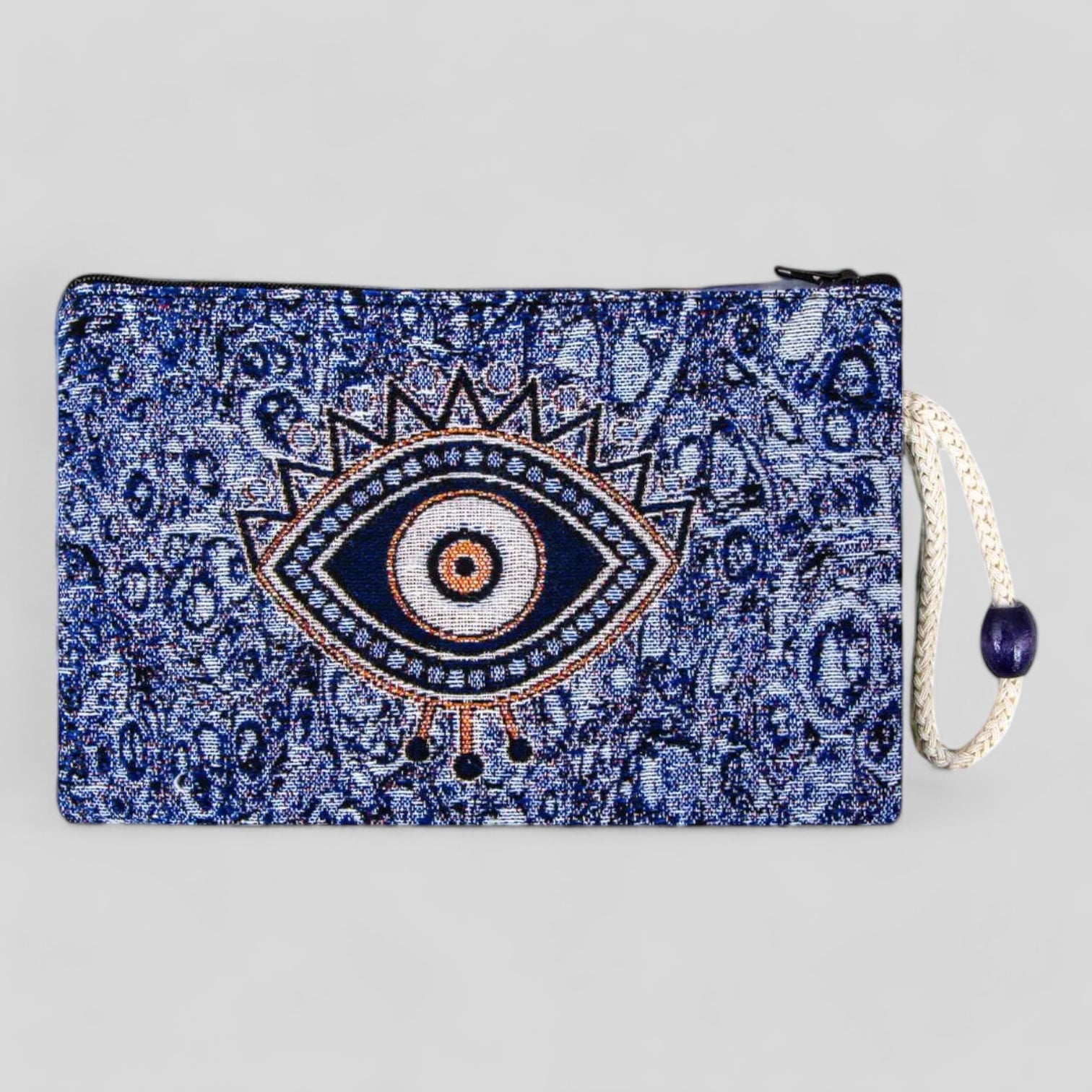 Authentic Kilim Fabric Ottoman Blue Evil Eye Design Zipper Clutch Purse, Turkish Carpet, Pouch, Coin Purse, Wallet, Small Storage-0