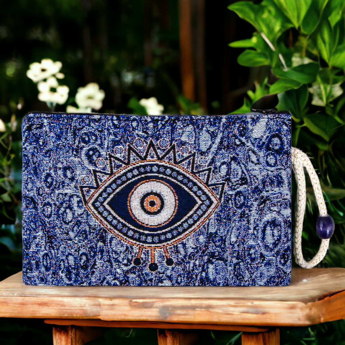 Authentic Kilim Fabric Ottoman Blue Evil Eye Design Zipper Clutch Purse, Turkish Carpet, Pouch, Coin Purse, Wallet, Small Storage-1