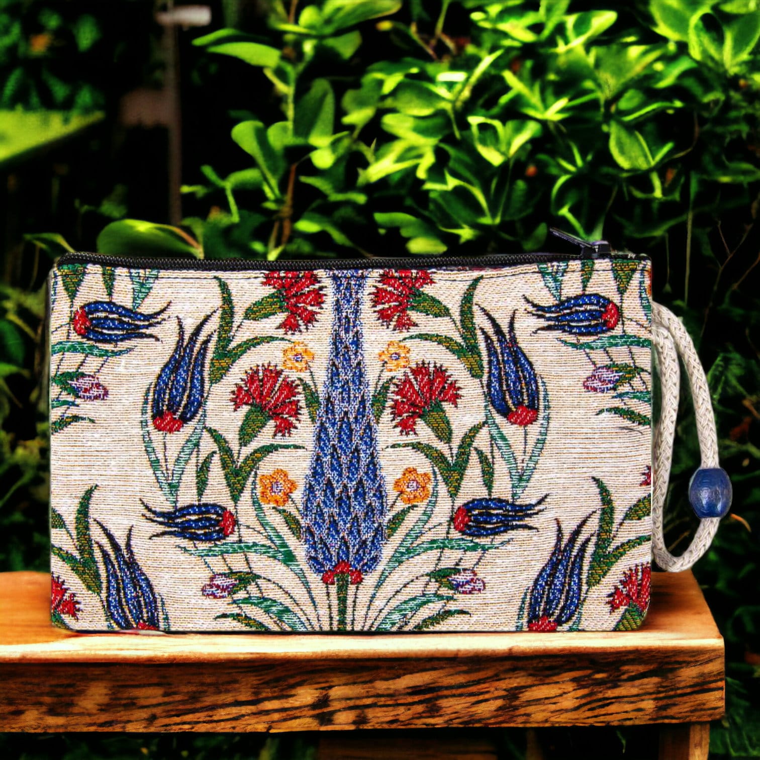 Authentic Kilim Fabric Ottoman Tulips Design Zipper Clutch Purse, Turkish Carpet, Pouch, Coin Purse, Wallet, Small Storage -- Blue Tulips-1
