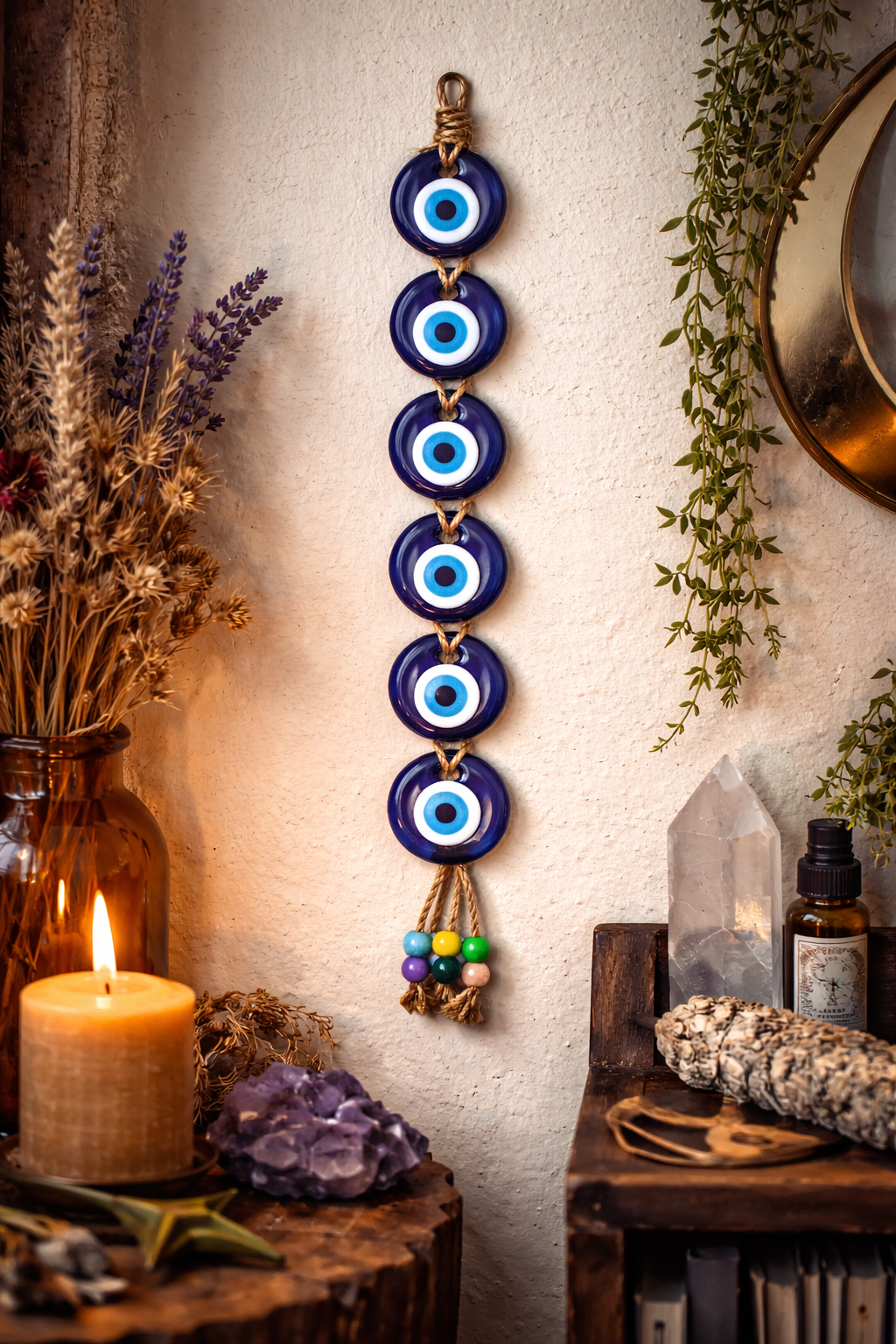 7 Piece Evil Eye Wall Hanging Decor – Blue Nazar Boncuk Macrame Wall Hanging for Home Protection & Boho Spiritual Decor