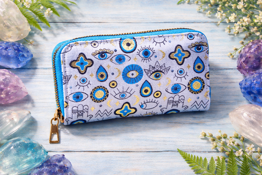 Hamsa Hand and Evil Eye Patterned Woven Zipper Wallet with Gold Accents