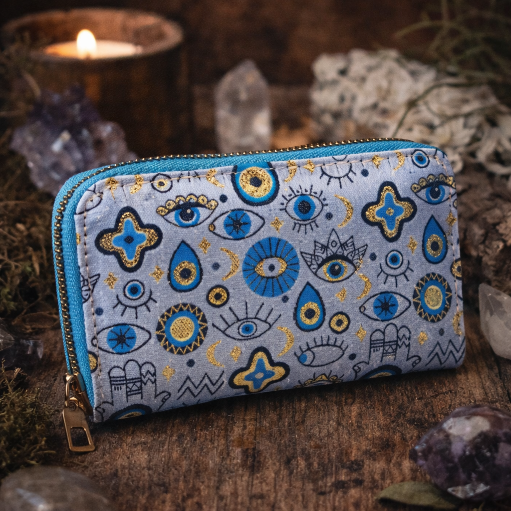 Hamsa Hand and Evil Eye Patterned Woven Zipper Wallet with Gold Accents