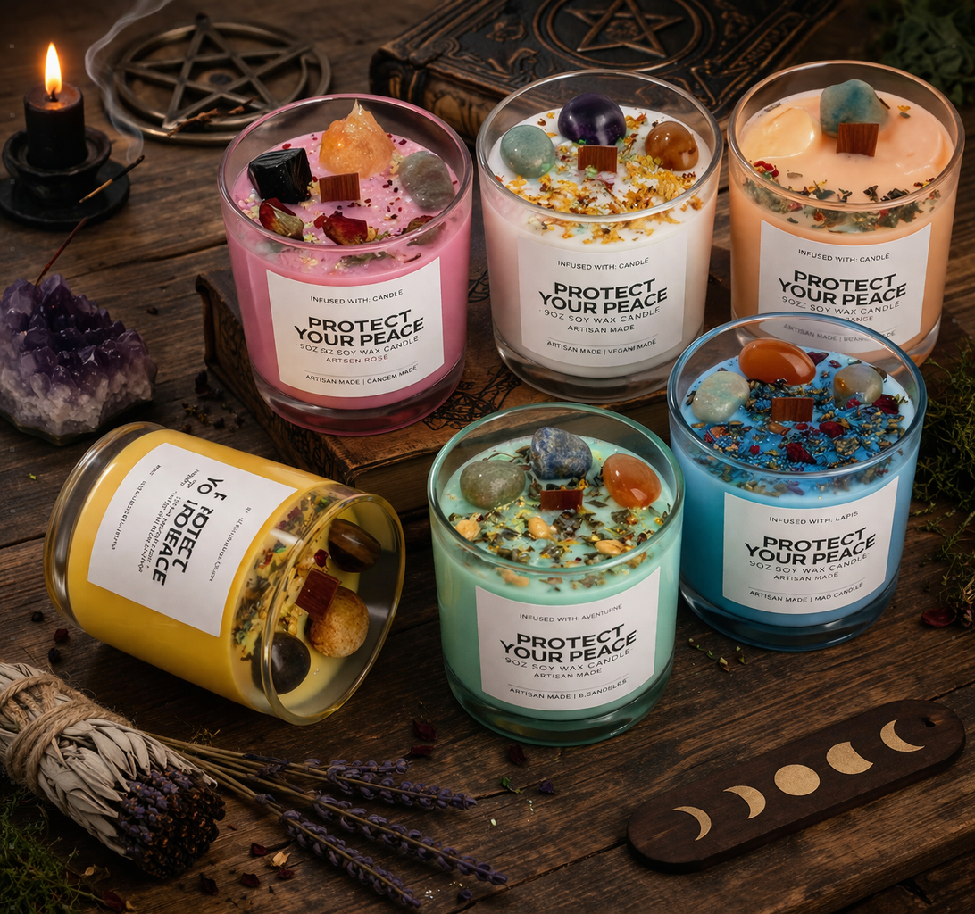 Crystal Soy Wax Aromatherapy Candle 8.5oz | Wooden Wick Dried Flower Candle | Healing Energy Relaxation Gift Home Decor
