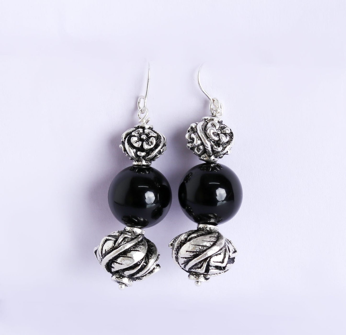 Carved Beads Onyx Earrings