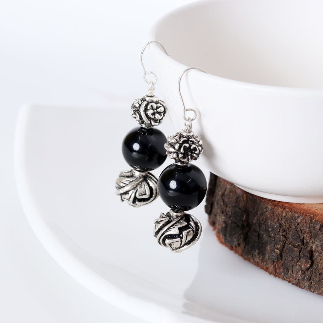 Carved Beads Onyx Earrings