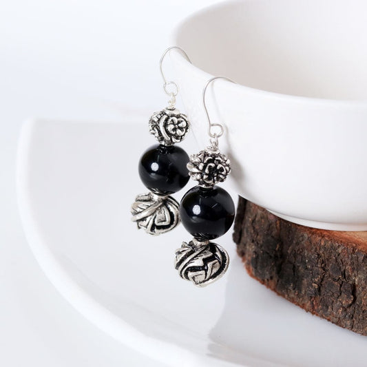Carved Beads Onyx Earrings