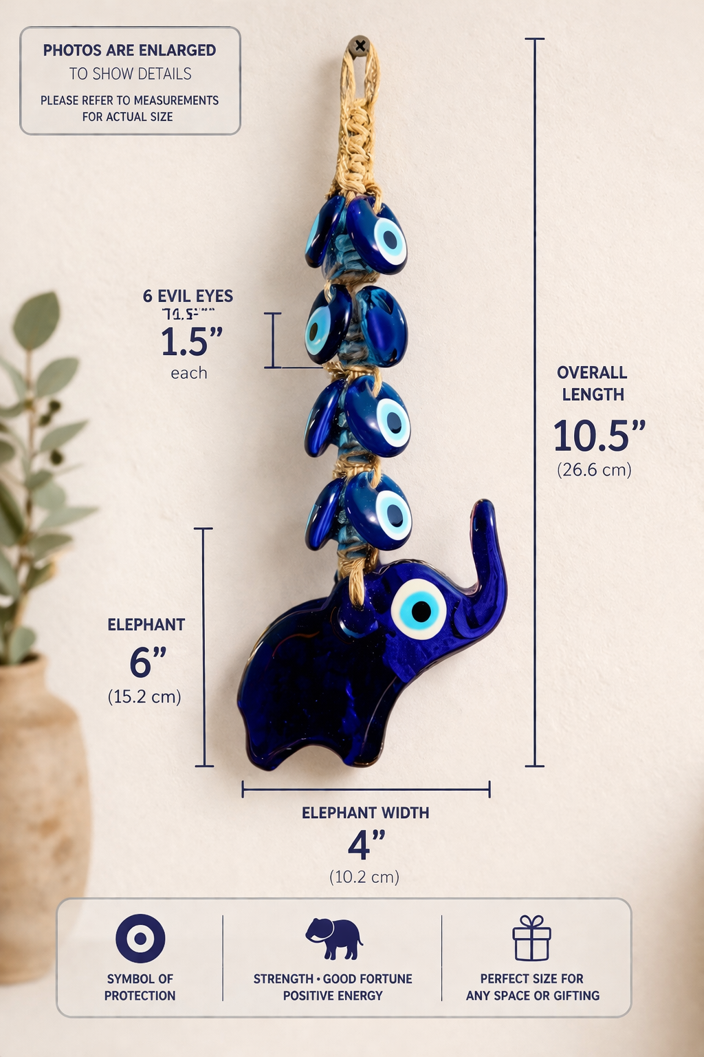 Elephant Evil Eye Wall Hanging – 7 Eye Nazar Boncuk Boho Decor for Protection, Elephant Amulet Home Decor, Small Spiritual Wall Hanging Gift