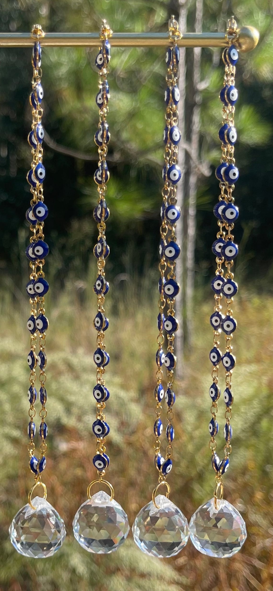 Evil Eye Nazar Boncuk Chain Rearview Mirror Hanging Rainbow Suncatcher Car Charm Mal de Ojo Gift Box -- Gold or Silver Chain-3
