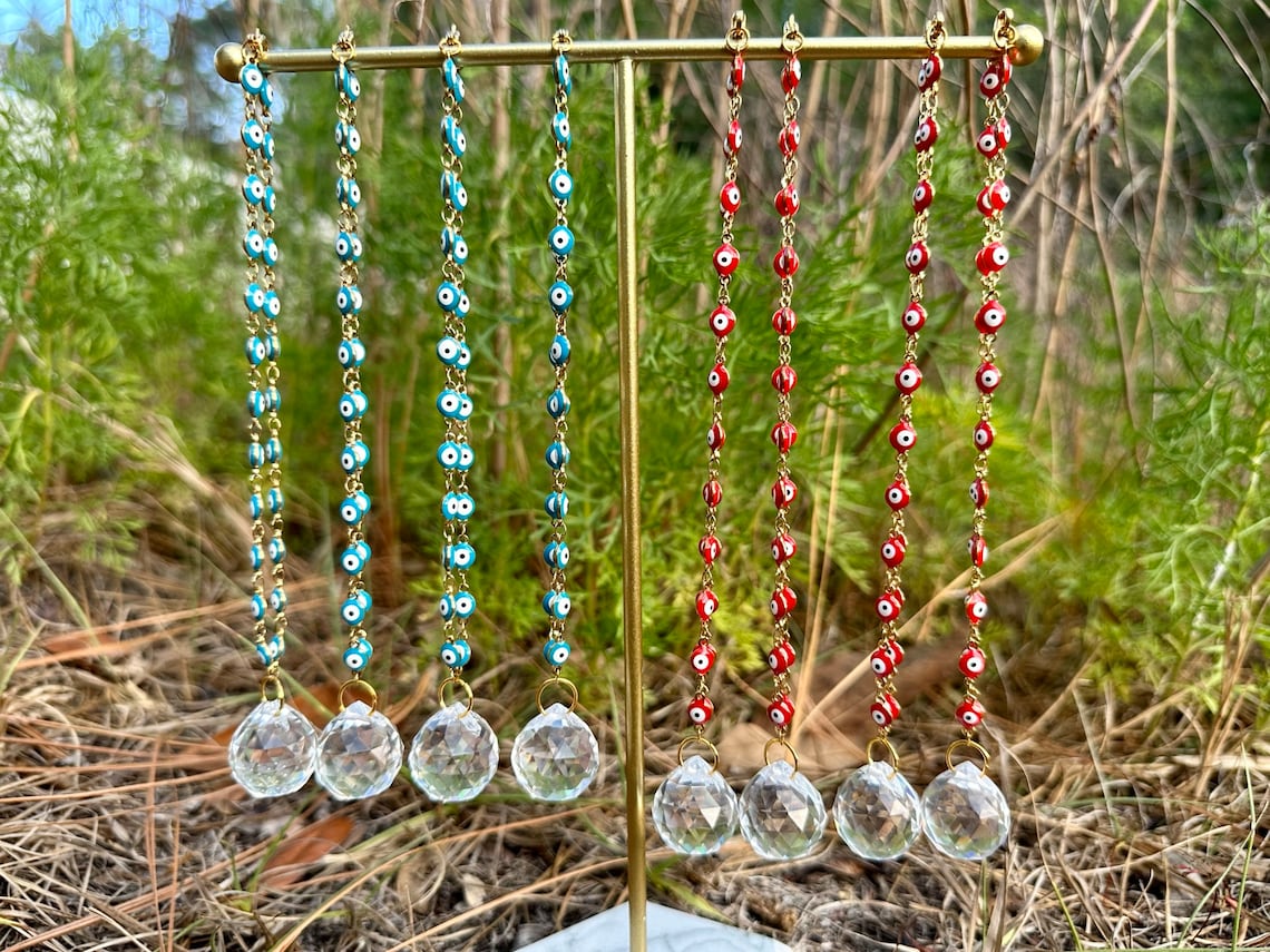 Evil Eye Nazar Boncuk Chain Rearview Mirror Hanging Rainbow Suncatcher Car Charm Mal de Ojo Gift Box -- Gold or Silver Chain-4