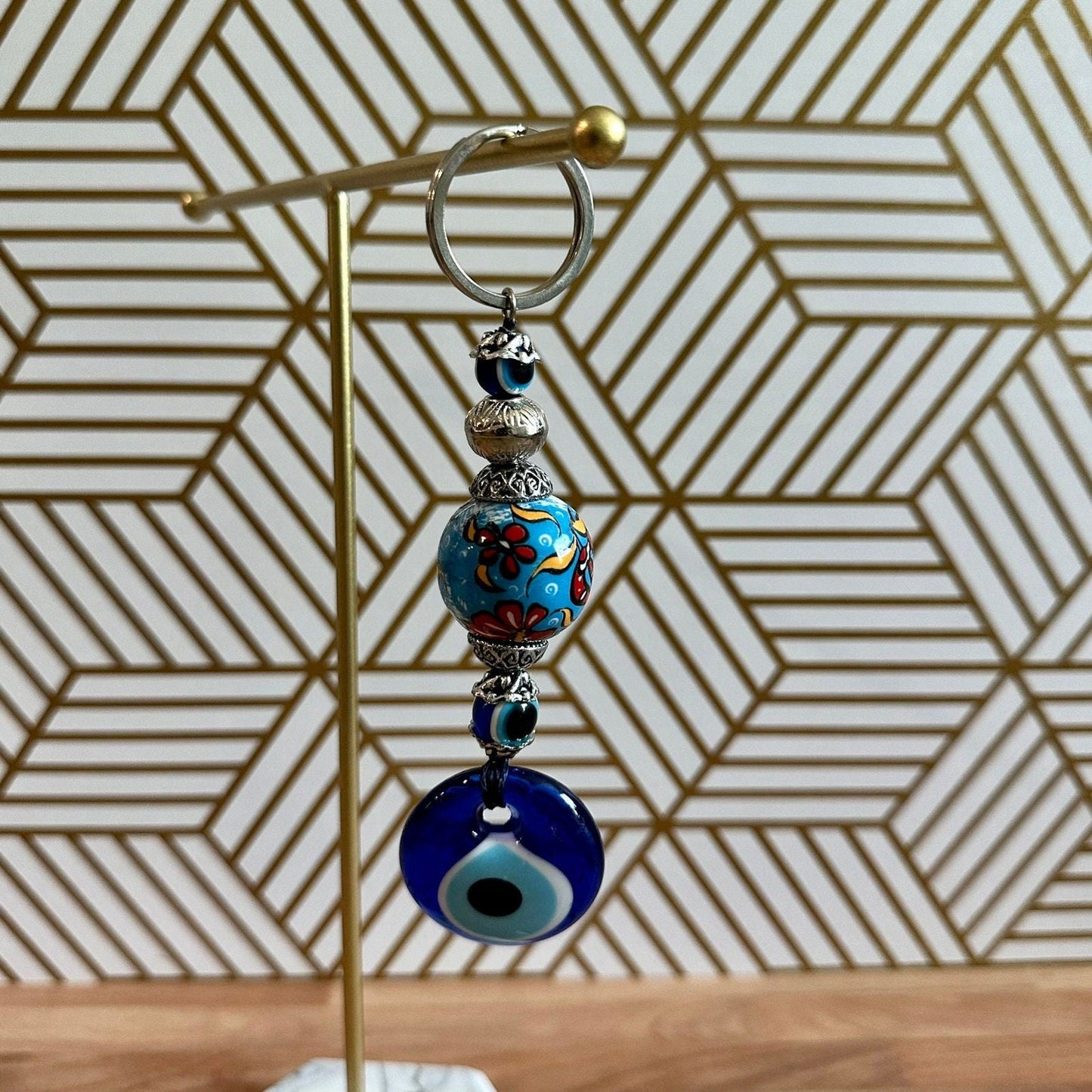 Evil Eye Nazar Boncuk Mal De Ojo Keychain with Hand Painted Ceramic Ball - Light Blue Floral Tulip-1