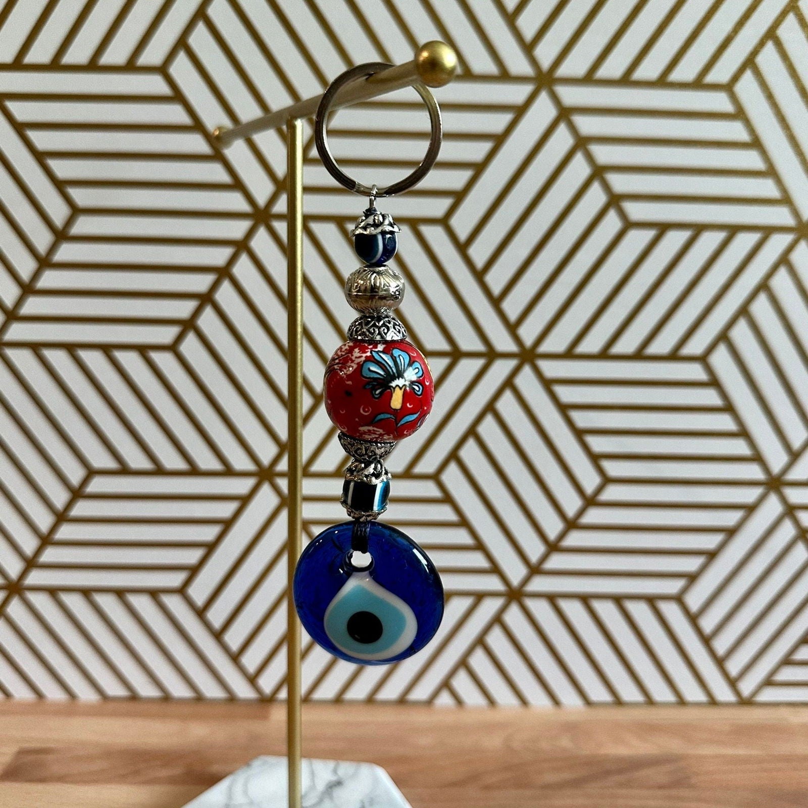 Evil Eye Nazar Boncuk Mal De Ojo Keychain with Hand Painted Ceramic Ball - Red Floral Tulip-1