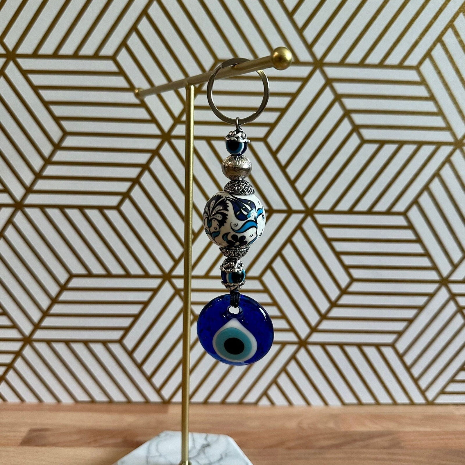Evil Eye Nazar Boncuk Mal De Ojo Keychain with Hand Painted Ceramic Ball - White and Blue Floral Tulip-1