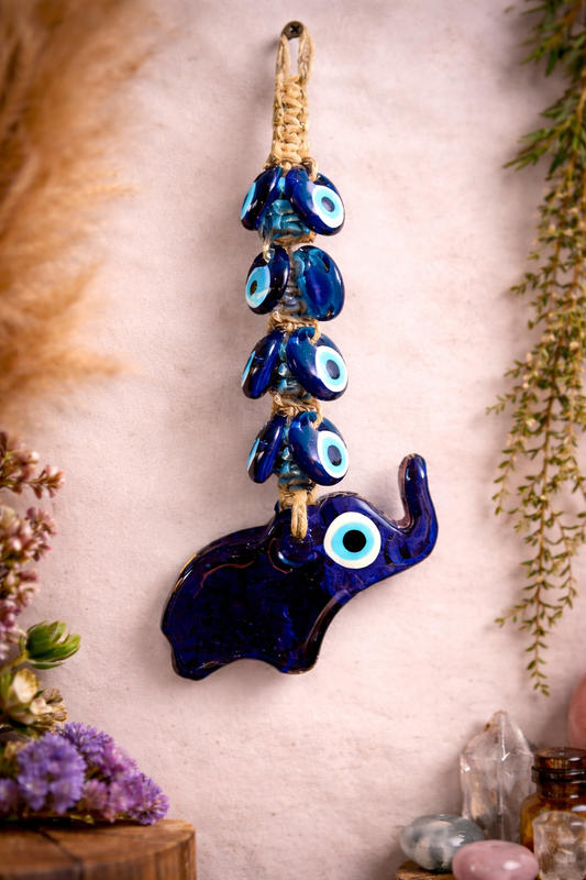 Elephant Evil Eye Wall Hanging – 7 Eye Nazar Boncuk Boho Decor for Protection, Elephant Amulet Home Decor, Small Spiritual Wall Hanging Gift
