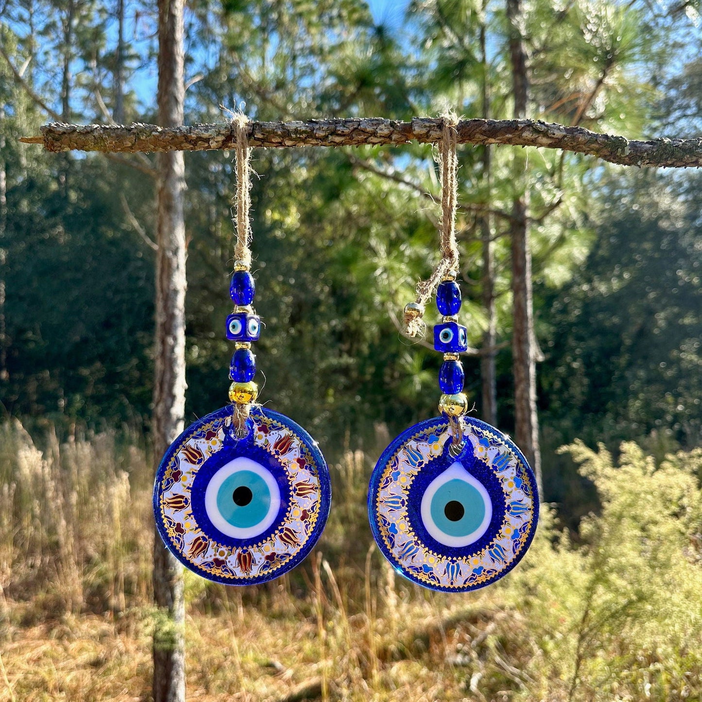 Gold Trim Wall Hanging Evil Eye Nazar Boncuk Mal De Ojo, Modern Boho Style Home Decor -- Golden Tulip Mandala -- Red or Turquoise-1
