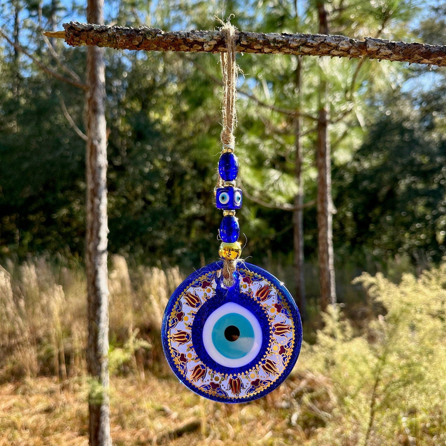 Gold Trim Wall Hanging Evil Eye Nazar Boncuk Mal De Ojo, Modern Boho Style Home Decor -- Golden Tulip Mandala -- Red or Turquoise-2