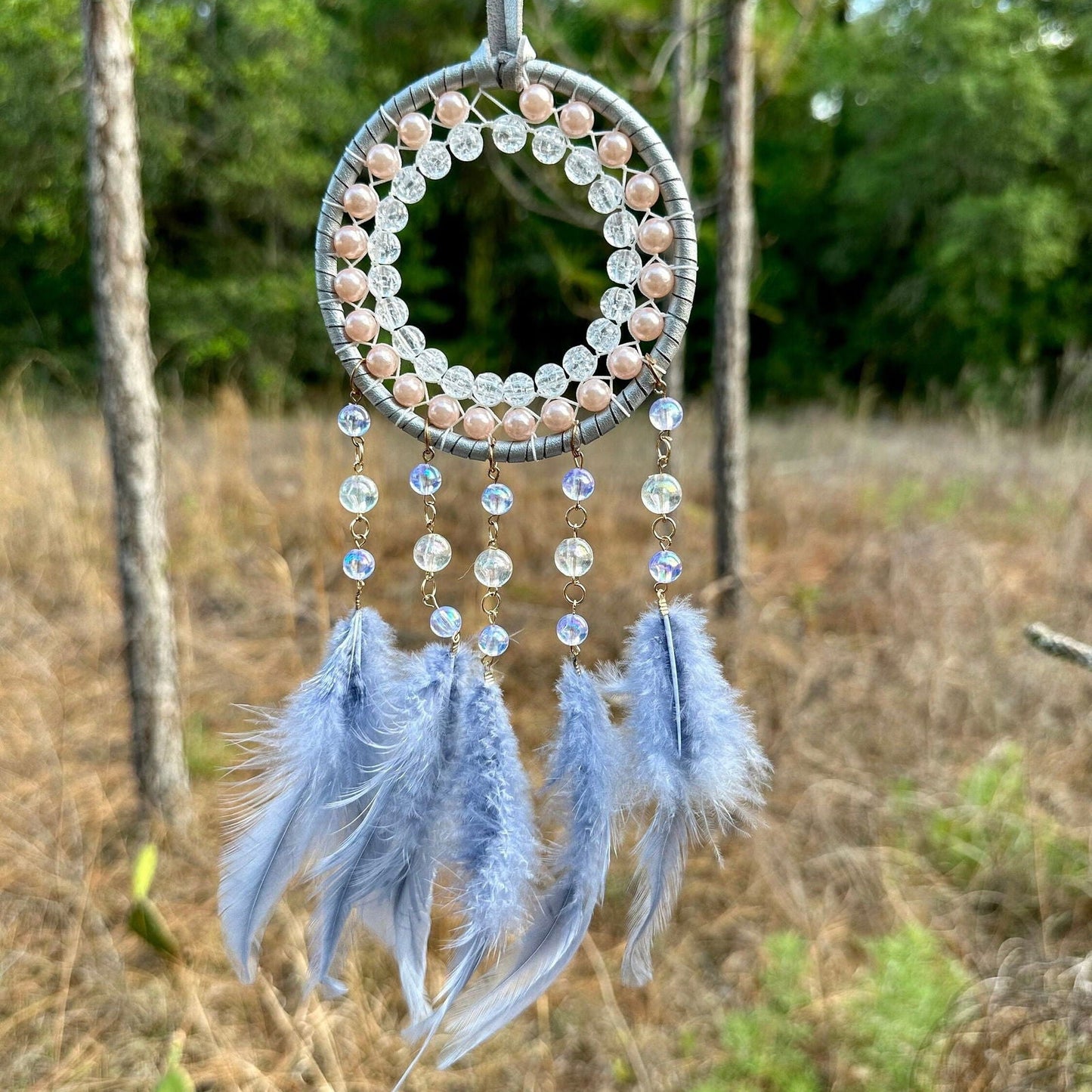 Grey Circle Round Dreamcatcher with Grey Feathers -- Rearview Mirror Hanging or Wall Hanging-1