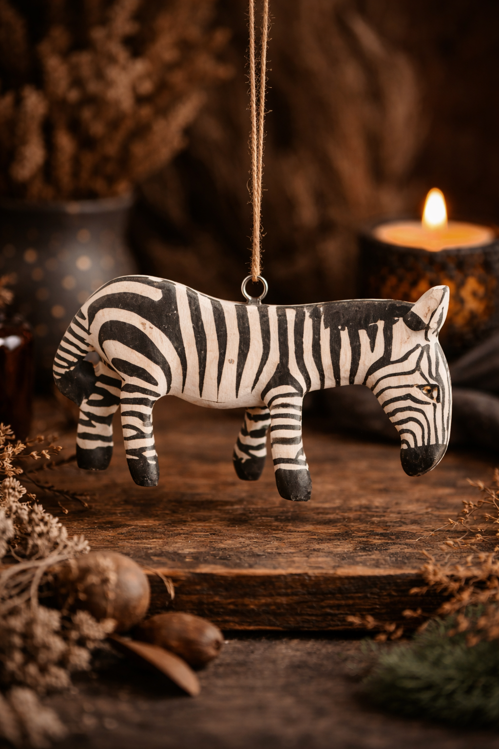 Hand Carved Zebra Ornament – African Wood Decor, Safari Animal Figurine, Fair Trade Artisan Gift