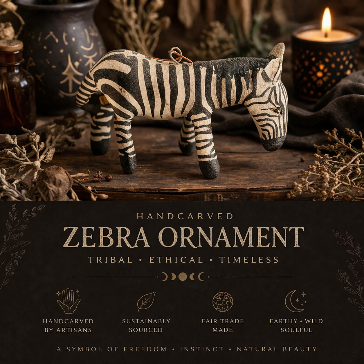 Hand Carved Zebra Ornament – African Wood Decor, Safari Animal Figurine, Fair Trade Artisan Gift